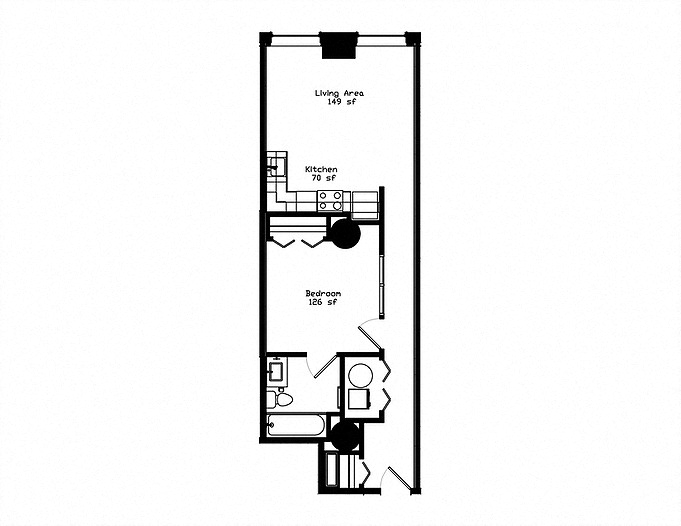 Floor plan for 1 bed, 1 bath, 830 sqft